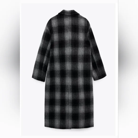 Zara - 100% Wool - Plaid Long Coat in Black and Gray - NWT!